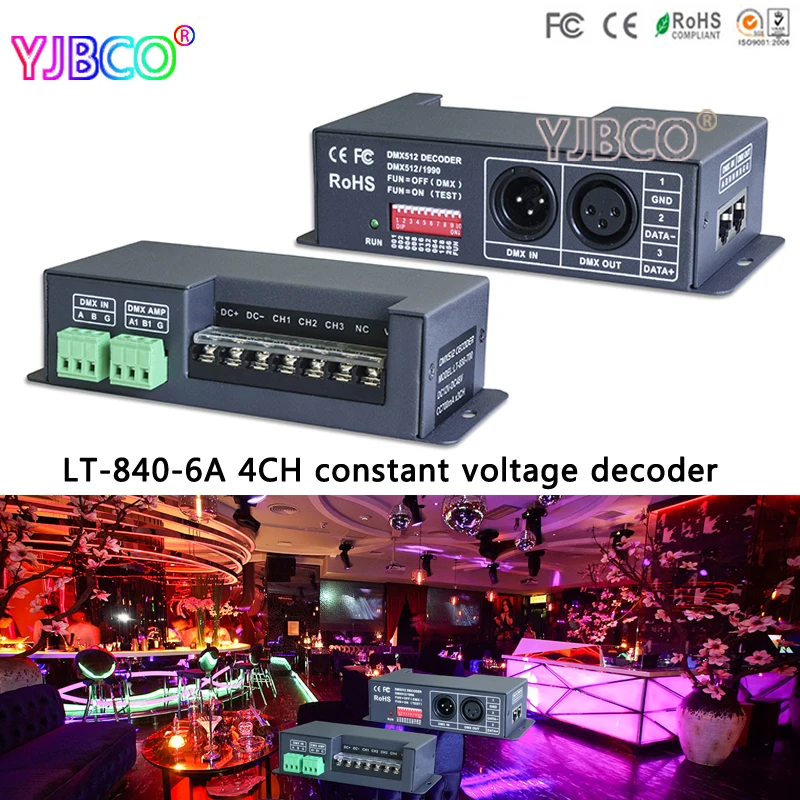 

LTECH LT-840-6A; DMX/RDM 4CH CV constant voltage decoder For RGB RGBW led lamp light,DC5V-24V input;6A*4CH 4 channel output