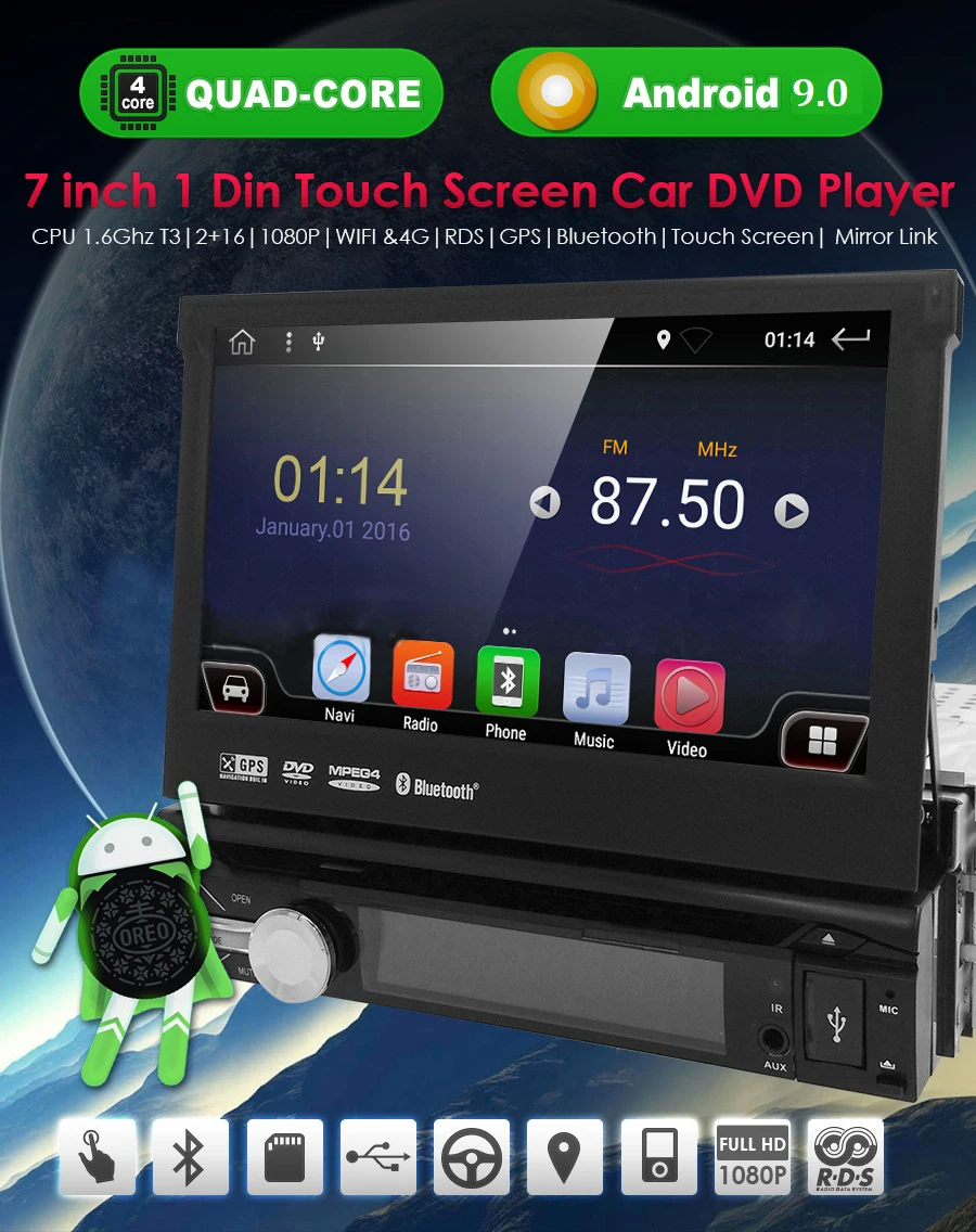 Flash Deal Single 1 Din 7" Android 9.0 GPS Flip Car Stereo Radio Player Touch Screen USB SD 2GRAM 4GWIFI BT SWC RDS DVR DAB DVBT MirrorLink 0