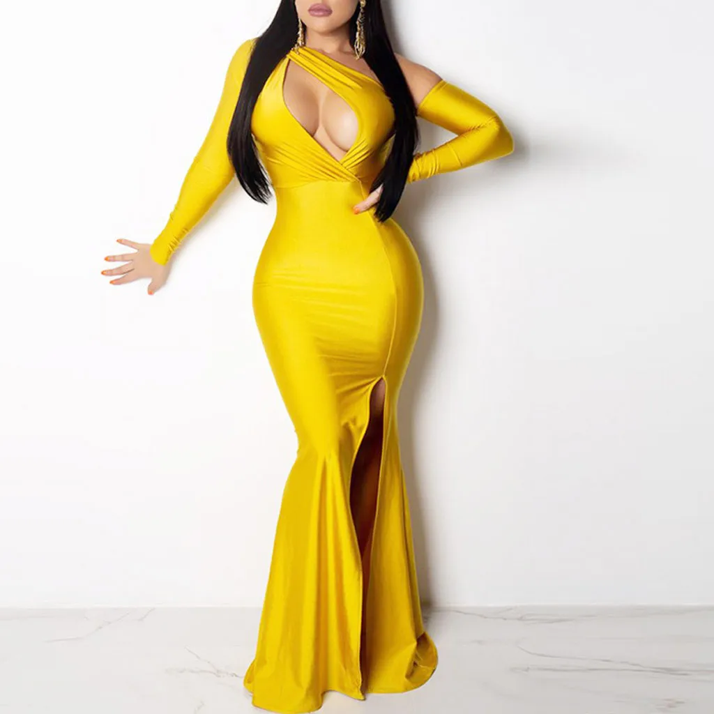 JAYCOSIN 2019 Women Sexy Deep V Long Sleeve Irregular Dresses Female Split Solid Color Maxi Bodycon Elegant Dress 626W | Женская одежда
