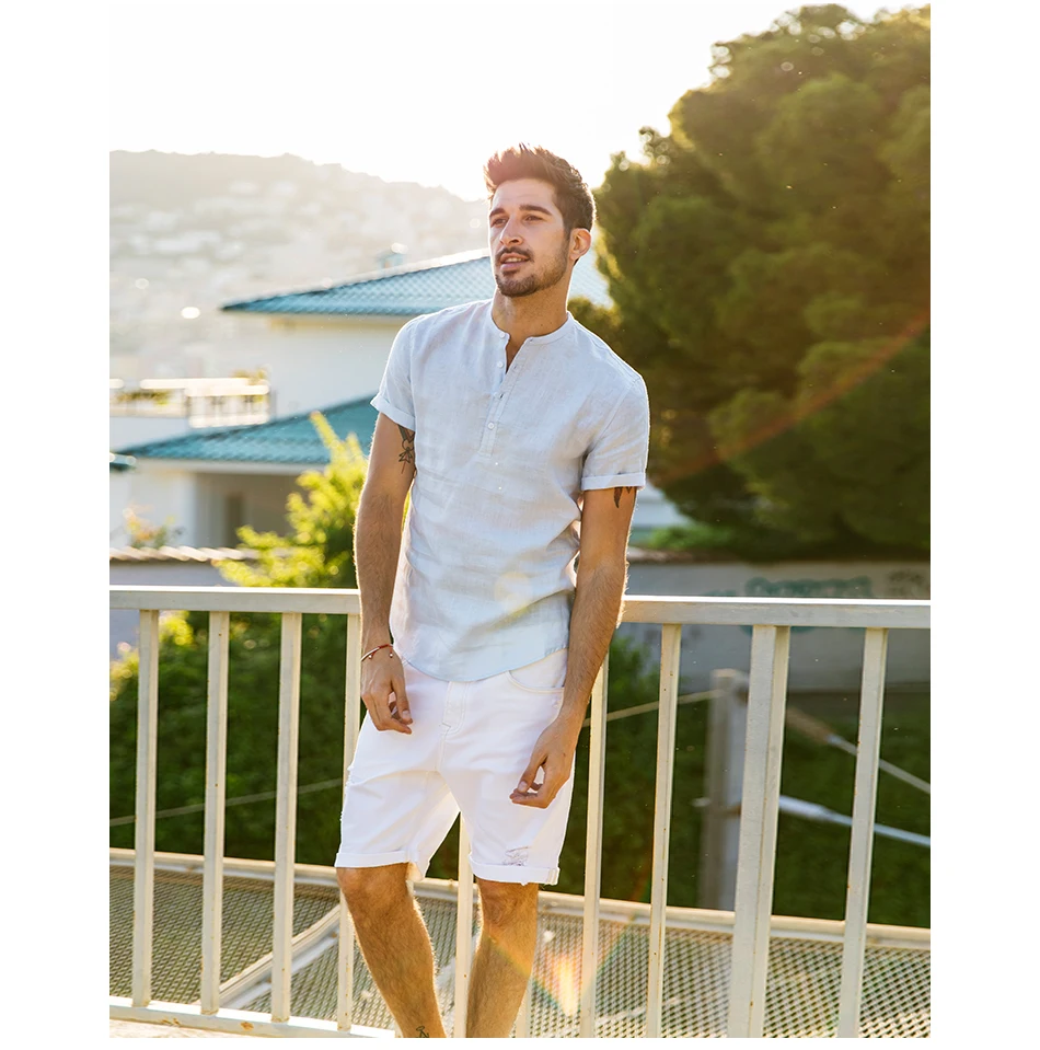 Simwood 2019 New Arrival Summer Short-sleeved Shirts Men 100% Linen White Solid Color Slim Fit Plus Size Collarless Tops CS1534 25