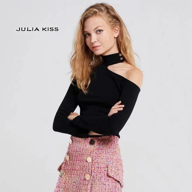 Women High Neck Asymmetric Open Shoulder Skinny Jumper Sexy Knit Top Pullover | Женская одежда
