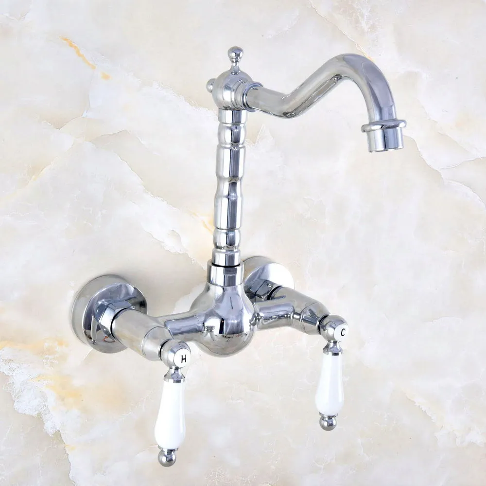 Polished Chrome Brass Wall Mount Kitchen Sink Faucet Swivel Spout Mixer Tap Dual Ceramics Handles Levers anf561
Polished Chrome Brass Wall Mount Kitchen Sink Faucet Swivel Spout Mixer Tap Dual Ceramics Handles Levers anf561