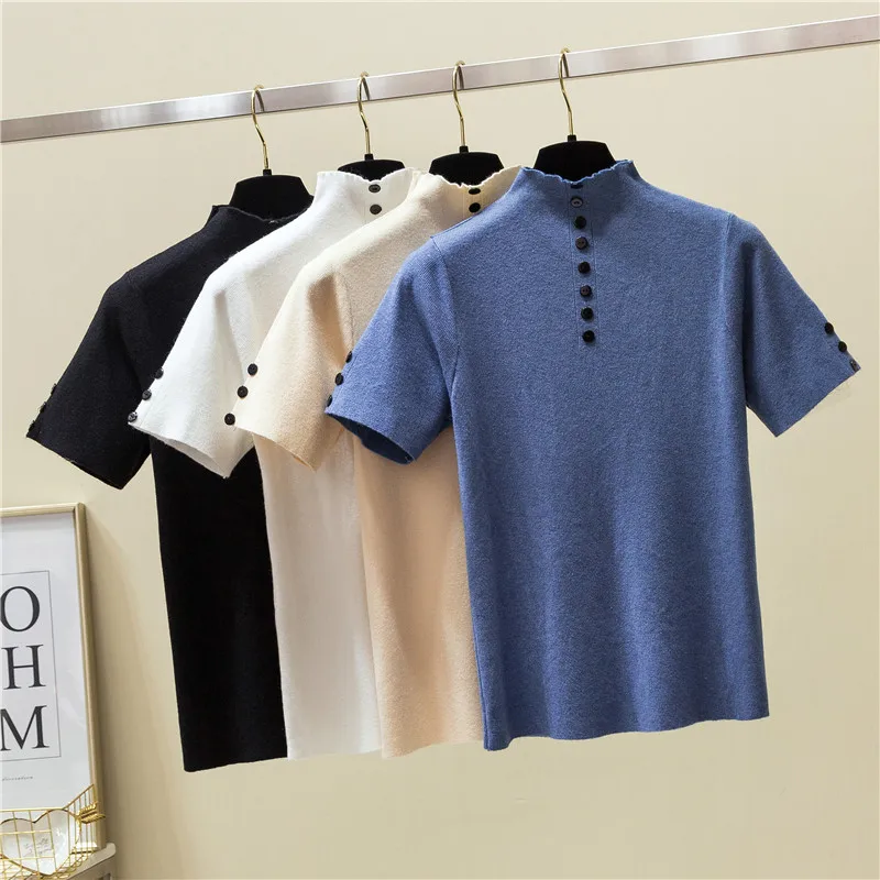 Knitted Summer Turtleneck T Shirt Women Casual Short Sleeves T-Shirt Breathable Elasticity Kintwear Top Button Female Tshirt
Knitted Summer Turtleneck T Shirt Women Casual Short Sleeves T-Shirt Breathable Elasticity Kintwear Top Button Female Tshirt