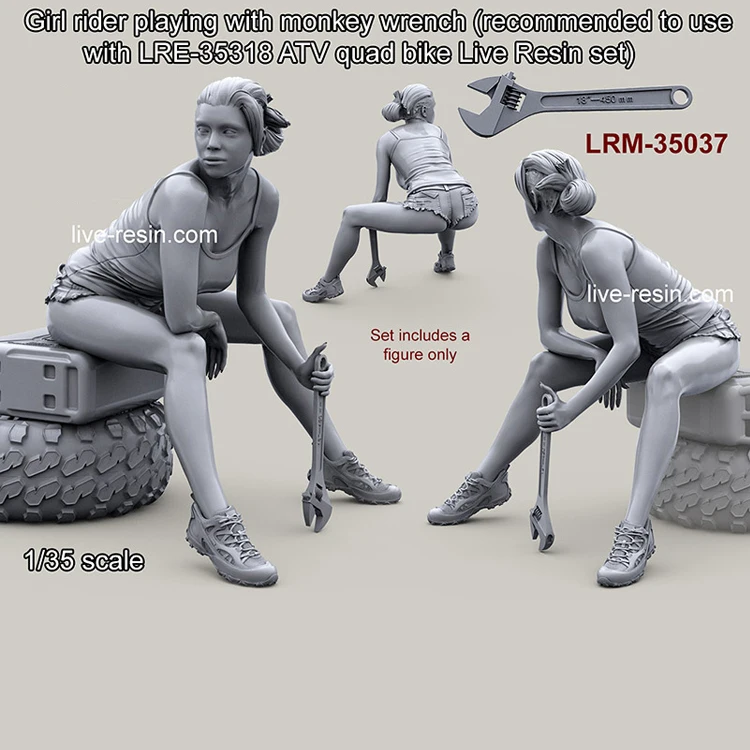 1/35 Girl rider playing with monkey wrench, No tires and oil drums, Resin Model Soldier GK, Unassembled and unpainted kit
1/35 Girl rider playing with monkey wrench, No tires and oil drums, Resin Model Soldier GK, Unassembled and unpainted kit