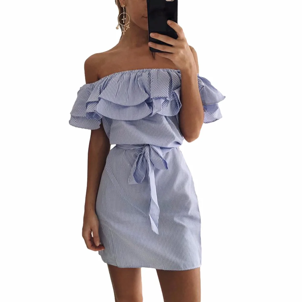 Ruffles-Summer-Dress-2017-Women-Stripe-Print-Off-Shoulder-Elastic-Slash-Neck-Mini-Dress-Tie-Plus (1)