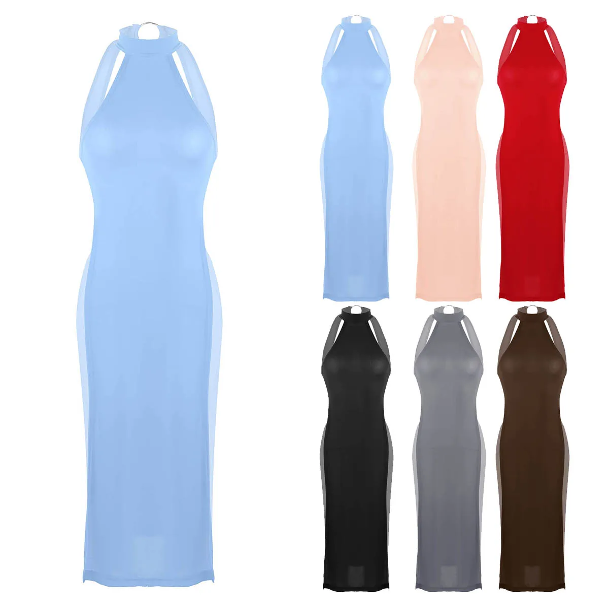 

Women Sissy Dress Cheongsam Dress Halter Neck Backless High Slit Leg Dress Vestido Transparent Sexy Lingerie Nightdress Clubwear