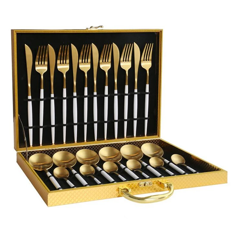 KuBac 24PCS 18/10 Stainless Steel Steak Knife Fork White Gold Dinnerware Set White Silve Cutlery Set With Gift Box Drop Shipping
KuBac 24PCS 18/10 Stainless Steel Steak Knife Fork White Gold Dinnerware Set White Silve Cutlery Set With Gift Box Drop Shipping