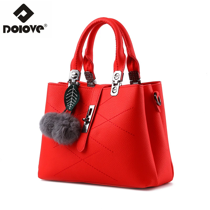 

DOLOVE 2019 Fashion New Style Women's Bag, PU Leather Hairball Messenger Bag, One Shoulder Diagonal Plaid Handbags