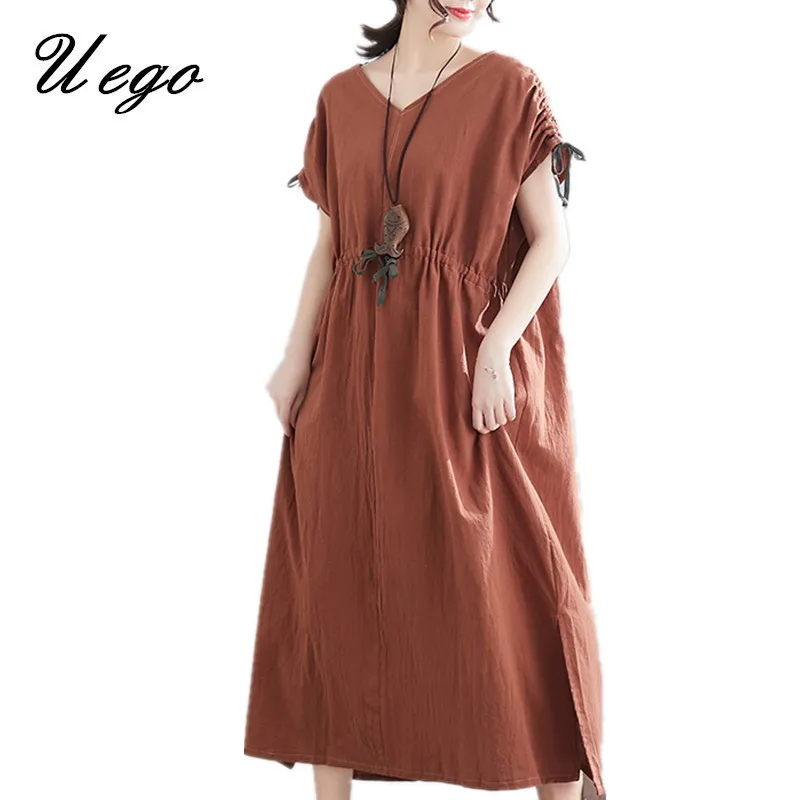 Uego Short Sleeve Loose Summer Beach Casual Dress Korea Design Bandage Slim Vintage Prairie Chic Long Dress Women Party Dress 
Uego Short Sleeve Loose Summer Beach Casual Dress Korea Design Bandage Slim Vintage Prairie Chic Long Dress Women Party Dress