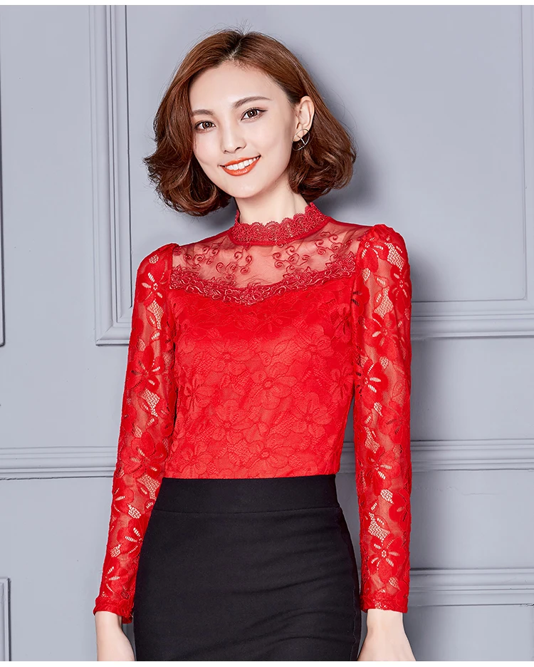 Womens Blouse Shirt 2020 Black White Sexy Long Casual Long Sleeve Lace Blusas Under Shirts Elastic Tops and Blouses Women New
