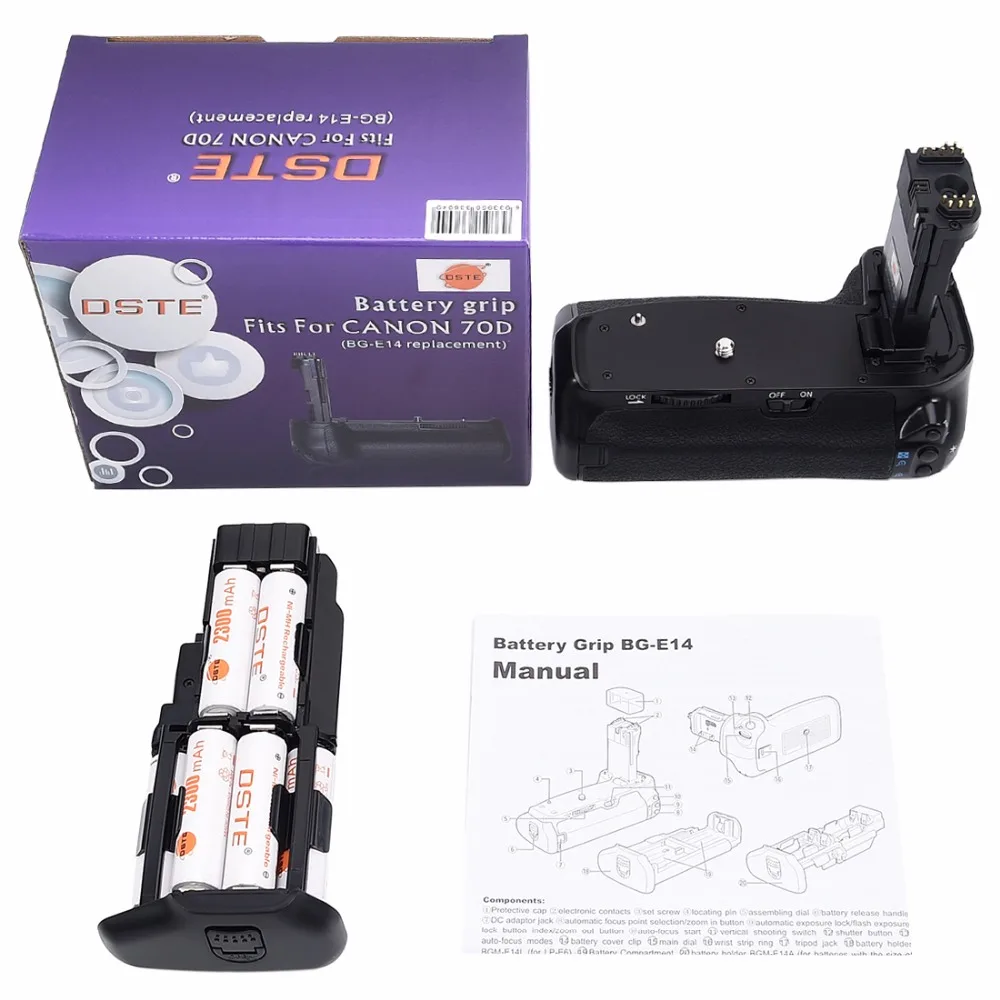 DSTE BG-E14 Battery Grip with 6pcs Rechargeable Batteries NI-MH AA Battery for Canon 70D 80D DSLR Camera
DSTE BG-E14 Battery Grip with 6pcs Rechargeable Batteries NI-MH AA Battery for Canon 70D 80D DSLR Camera
