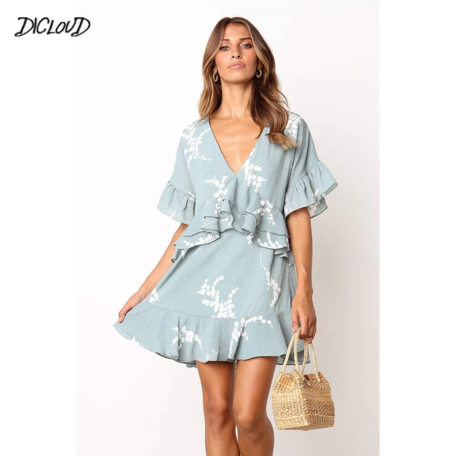 Printed Casual Short Dress Women Ruffles V Neck Butterfly Sleeve Summer Mini Dresses Female Blue Fashion Loose Dress Ladies
Printed Casual Short Dress Women Ruffles V Neck Butterfly Sleeve Summer Mini Dresses Female Blue Fashion Loose Dress Ladies