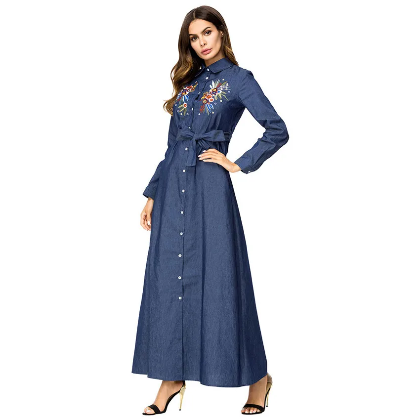 Heavily Embroidered Long Sleeves Denim Dress Plus Size With Button Sash Floor Length Navy Blue Women's Dress Denim Arabic Gown
Heavily Embroidered Long Sleeves Denim Dress Plus Size With Button Sash Floor Length Navy Blue Women's Dress Denim Arabic Gown