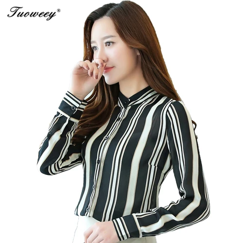 2018 Women spring Striped Slim Shirt New Spring Autumn Lady stand collar long Sleeve Bodycon Casual Stripe blouse Girl Tops |