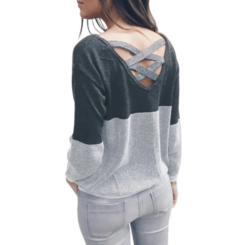 Женский трикотажный свитер в стиле пэчворк пуловер с открытой спиной и длинным