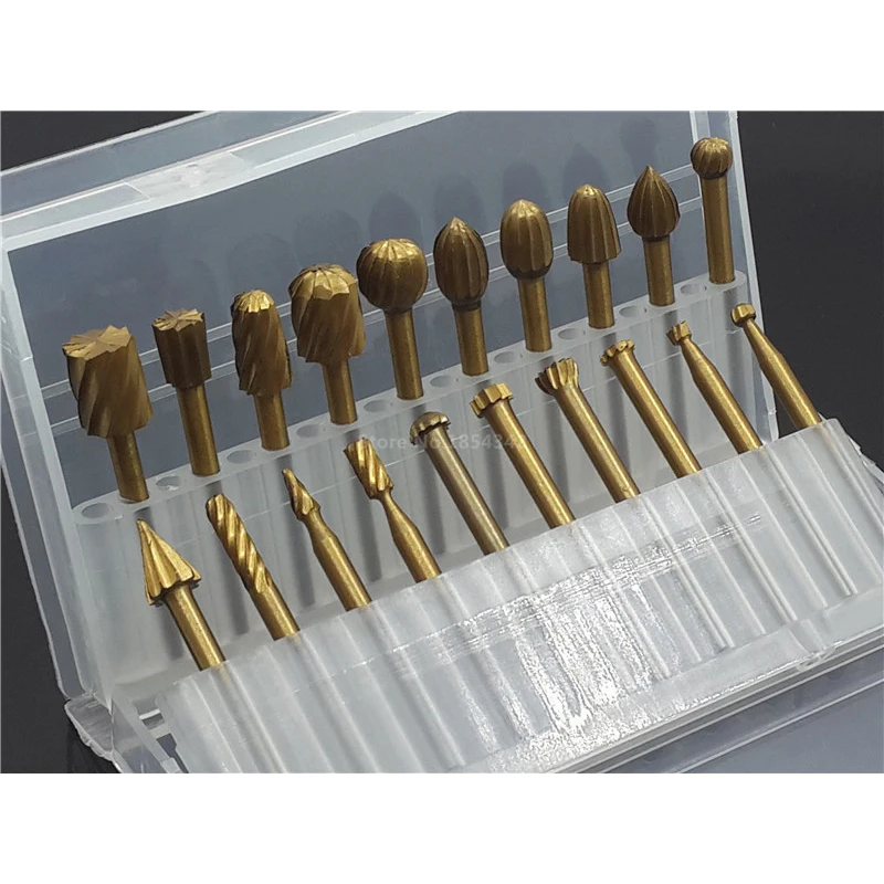 20pcs Set BOX HSS Titanium Dremel Routing Rotary Milling Rotary File Cutter Wood Carving Carved Knife Cutter Tools Accessories
20pcs Set BOX HSS Titanium Dremel Routing Rotary Milling Rotary File Cutter Wood Carving Carved Knife Cutter Tools Accessories