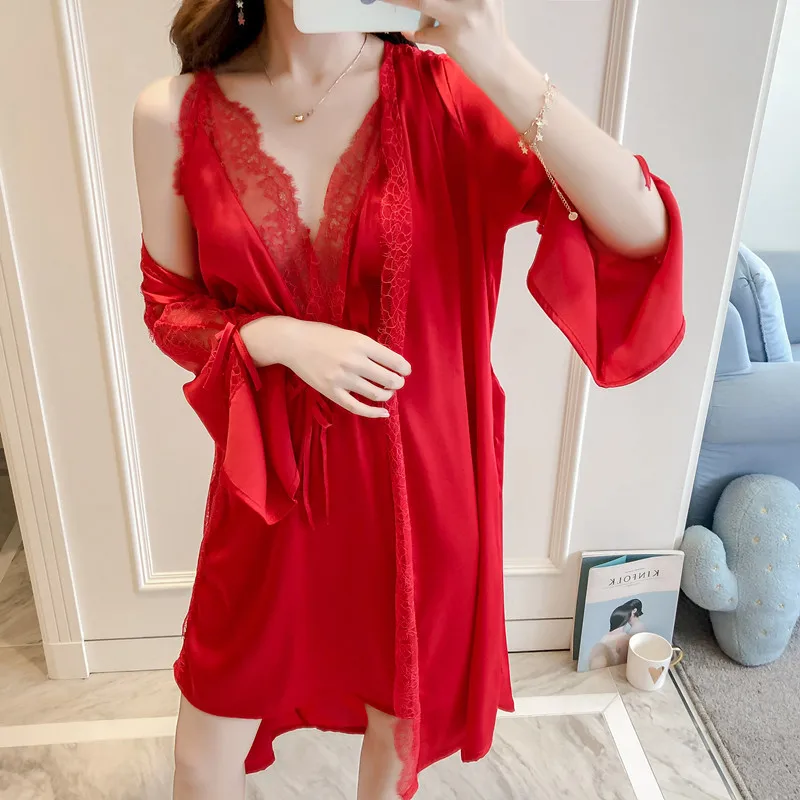 Sexy Women Faux Silk Spaghetti Strap&Robe 2PCS Rayon Night Bath Robe Gown Summer Lace Trim Nightgown Nightdress Sleepwear M-XL
Sexy Women Faux Silk Spaghetti Strap&Robe 2PCS Rayon Night Bath Robe Gown Summer Lace Trim Nightgown Nightdress Sleepwear M-XL