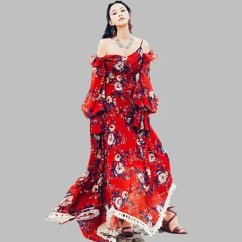 HAMALIEL New 2019 Bohemian Holiday Women Dress Spring Red Printed Chiffon Ball Ruffles Long Dress Sexy V Neck Halter Beach Dress
HAMALIEL New 2019 Bohemian Holiday Women Dress Spring Red Printed Chiffon Ball Ruffles Long Dress Sexy V Neck Halter Beach Dress