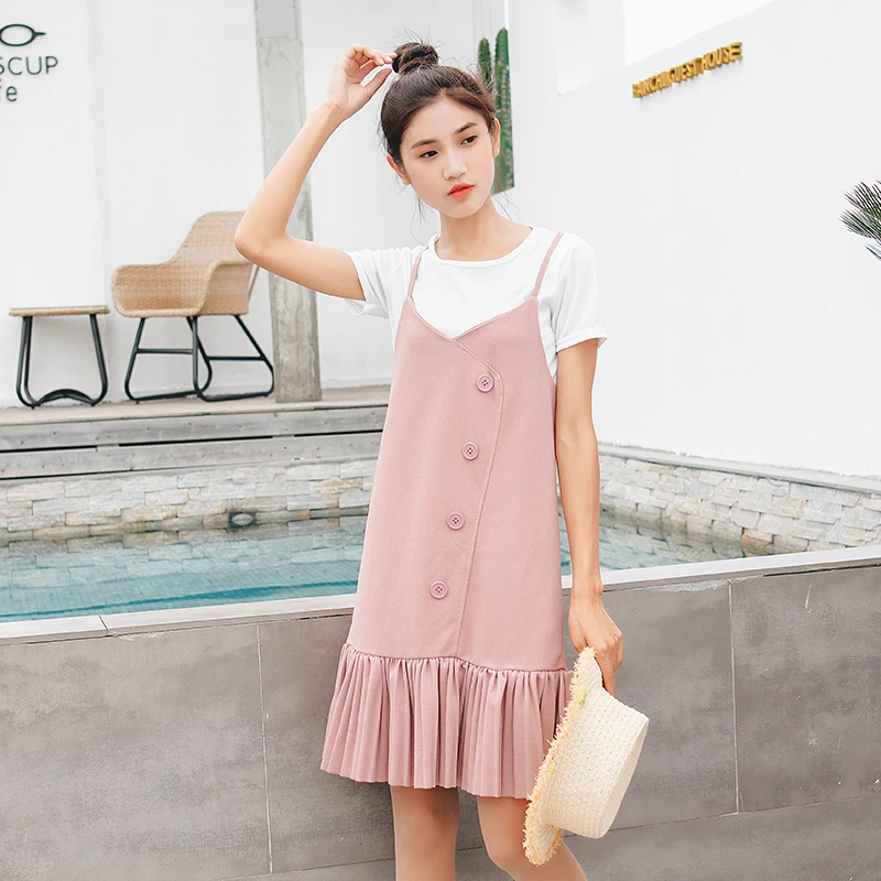 Women Spring And Summer New Korean Version Of The Pure Color Round Neck Short-sleeved T-shirt + Straps Lotus Leaf Dress Female
Women Spring And Summer New Korean Version Of The Pure Color Round Neck Short-sleeved T-shirt + Straps Lotus Leaf Dress Female