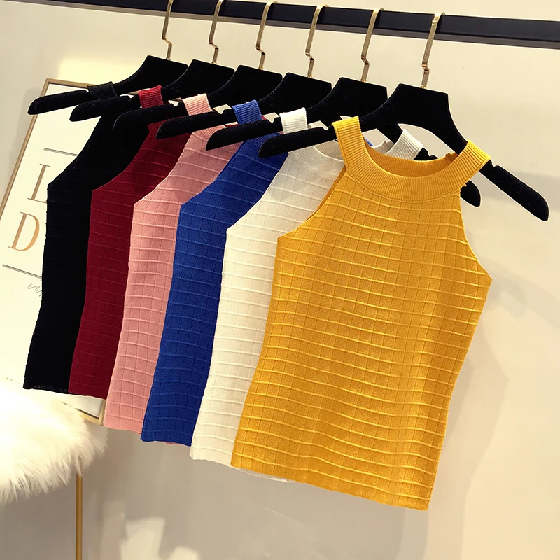 2018 summer new female solid color halter knit shirts women's sleeveless slim elegant knitted shirt women blouses top
2018 summer new female solid color halter knit shirts women's sleeveless slim elegant knitted shirt women blouses top