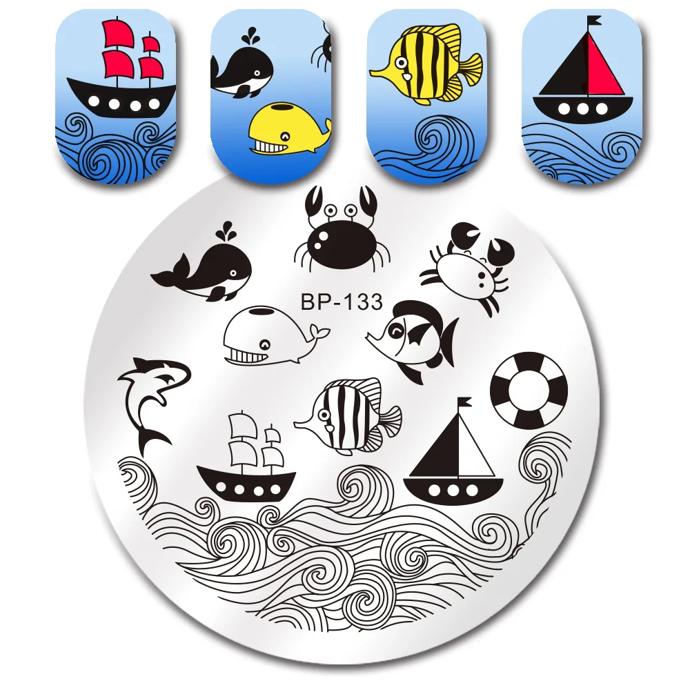 Image BORN PRETTY 1 Pc Nail Art Template Round Stamping Plate Ocean Dolphin Fish Crab Boat Manicure Nail Art Image Plate BP 133