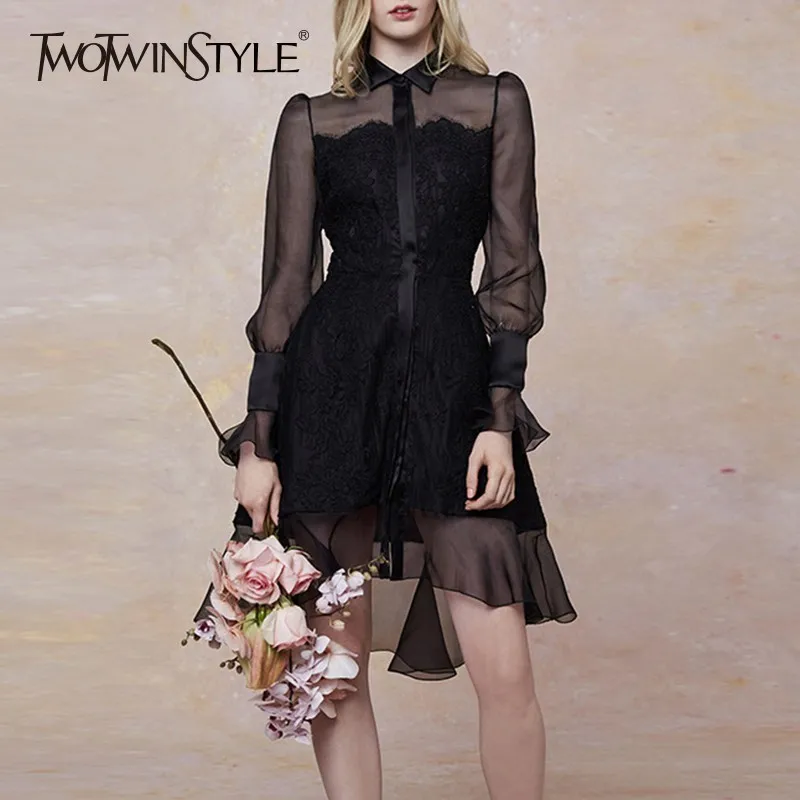 TWOTWINSTYLE Patchwork Lace Dresses For Women Lapel Long Sleeve High Waist Perspective A Line Dress Female Sexy Fashion Clothing
TWOTWINSTYLE Patchwork Lace Dresses For Women Lapel Long Sleeve High Waist Perspective A Line Dress Female Sexy Fashion Clothing