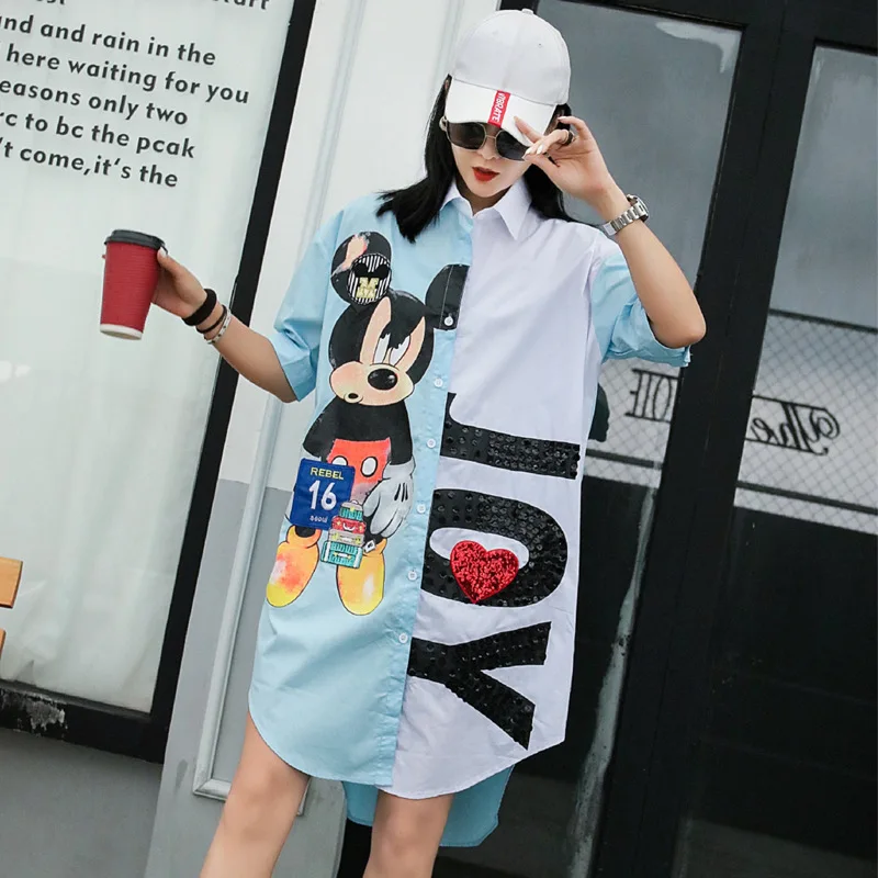 Summer shirt women 2019 summer new Mickey print sequins in the long section color matching short-sleeved shirt
Summer shirt women 2019 summer new Mickey print sequins in the long section color matching short-sleeved shirt