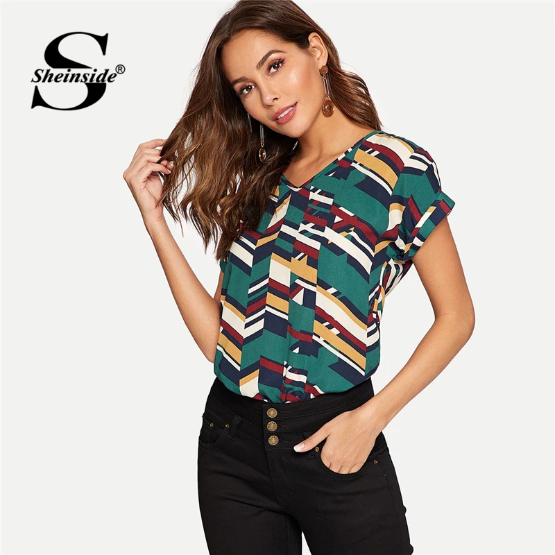

Sheinside Geo Print V Neck Blouse Short Sleeve Rolled Cuff Curved Hem Women Tops 2019 Multicolor Casual Ladies Summer Blouses