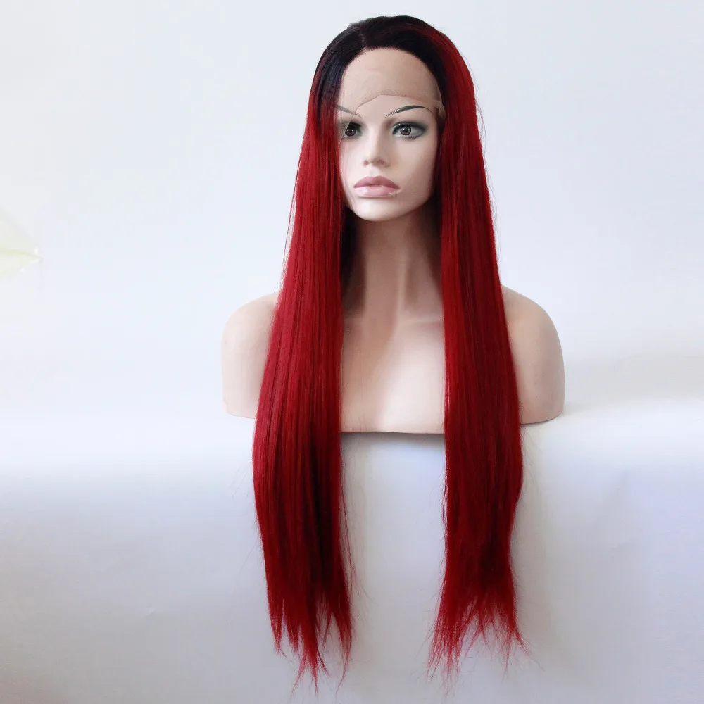 alt=''Black to Wine Red Ombre Long Straight High Temperature Fiber Heat Resistant Natural Synthetic Lace Front Women Wigs with Natural Hairline''-5