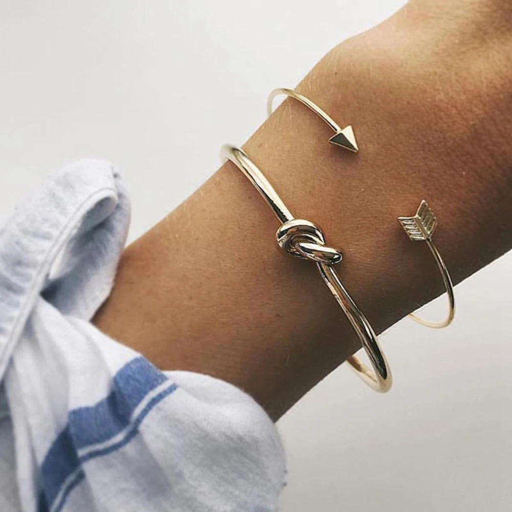 Paylor 2 Pcs/set Punk Arrow Type Bow Knot Round Open Gold Bracelet Set Women Fashion Beach Accessories Gift Jewelry | Украшения и