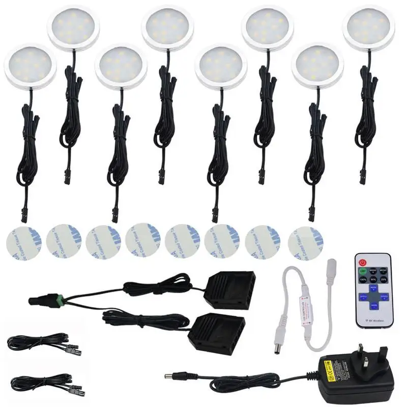 LED Under Cabinet Dimmable Lighting Puck Lights Kit Downlight With RF Remote Cold/Warm white for Kitchen 8pcs EU/UK/US Adapter | Освещение