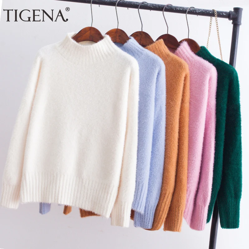 TIGENA Half Turtleneck Knitted Sweater Women Jumper 2019 Winter Warm Mohair Pullover Sweater Female Pull Femme Pink Green Blue
TIGENA Half Turtleneck Knitted Sweater Women Jumper 2019 Winter Warm Mohair Pullover Sweater Female Pull Femme Pink Green Blue
