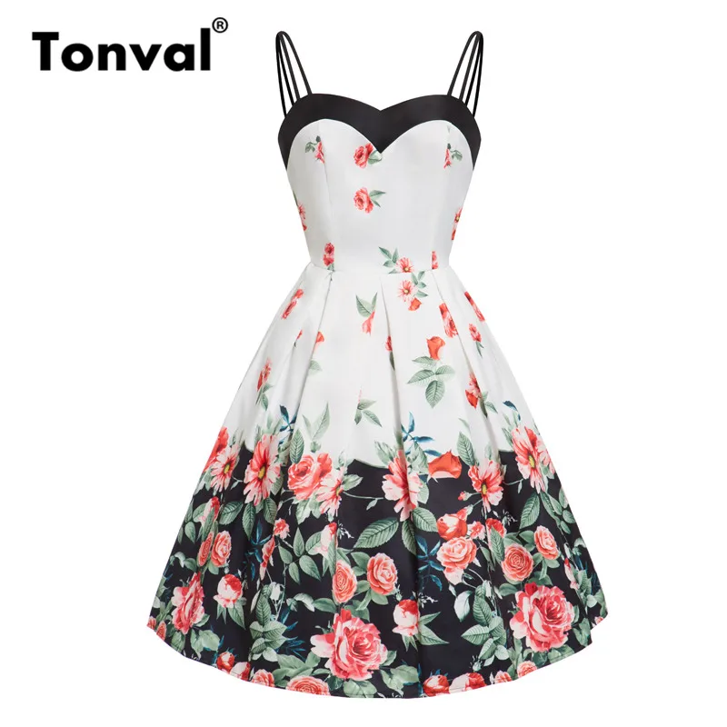 

Tonval Pin Up Sweetheart Neck Rockabilly Floral Dress Women Spaghetti Strap Fit and Flare Elegant Party Pleated Vintage Dresses