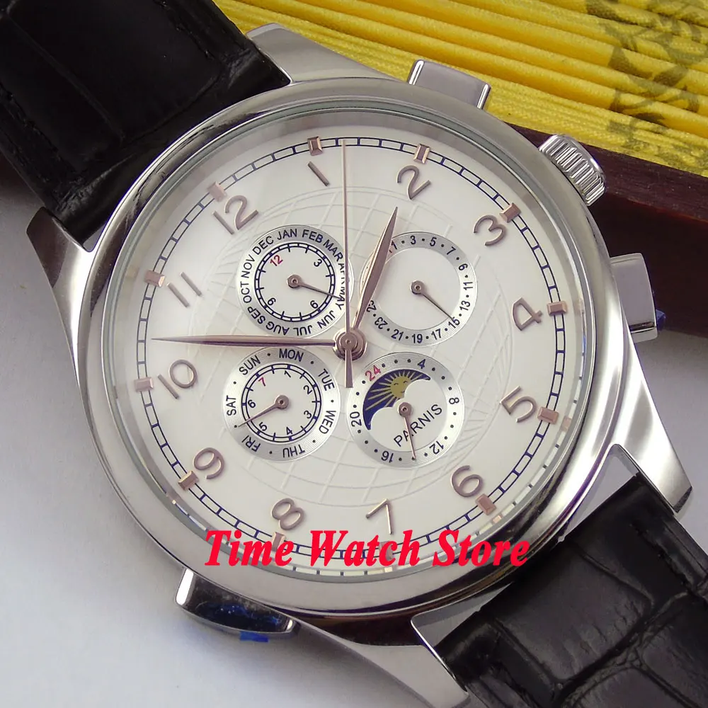 Parnis watch 44mm White dial gold hands week and date Multifunction Automatic Self-Wind movement Men's watch 18
Parnis watch 44mm White dial gold hands week and date Multifunction Automatic Self-Wind movement Men's watch 18