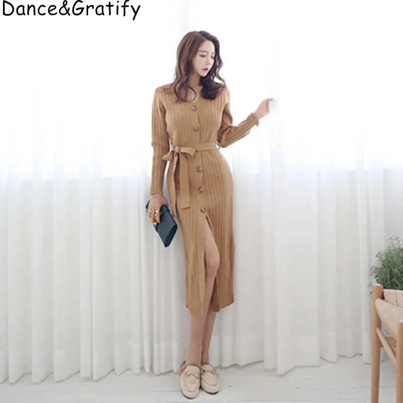 Women Single Breasted Knitted Sweater Dress New 2019 Autumn Winter Female Long Midi-calf Office Work Dresses
Women Single Breasted Knitted Sweater Dress New 2019 Autumn Winter Female Long Midi-calf Office Work Dresses