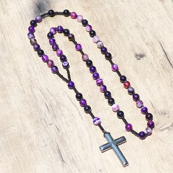 New Design Hematite Cross Pendant Purple Striped Carnelian Beads Handmade Meditation Rosary Necklace Women Jewelry
New Design Hematite Cross Pendant Purple Striped Carnelian Beads Handmade Meditation Rosary Necklace Women Jewelry