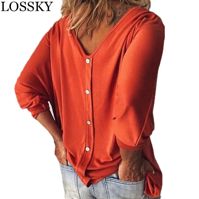 LOSSKY Plus Size Solid T Shirt Casual Loose V Neck 3/4 Sleeve Back Button Women Summer Autumn T-shirt Basic Tops Tees Blusas New
LOSSKY Plus Size Solid T Shirt Casual Loose V Neck 3/4 Sleeve Back Button Women Summer Autumn T-shirt Basic Tops Tees Blusas New