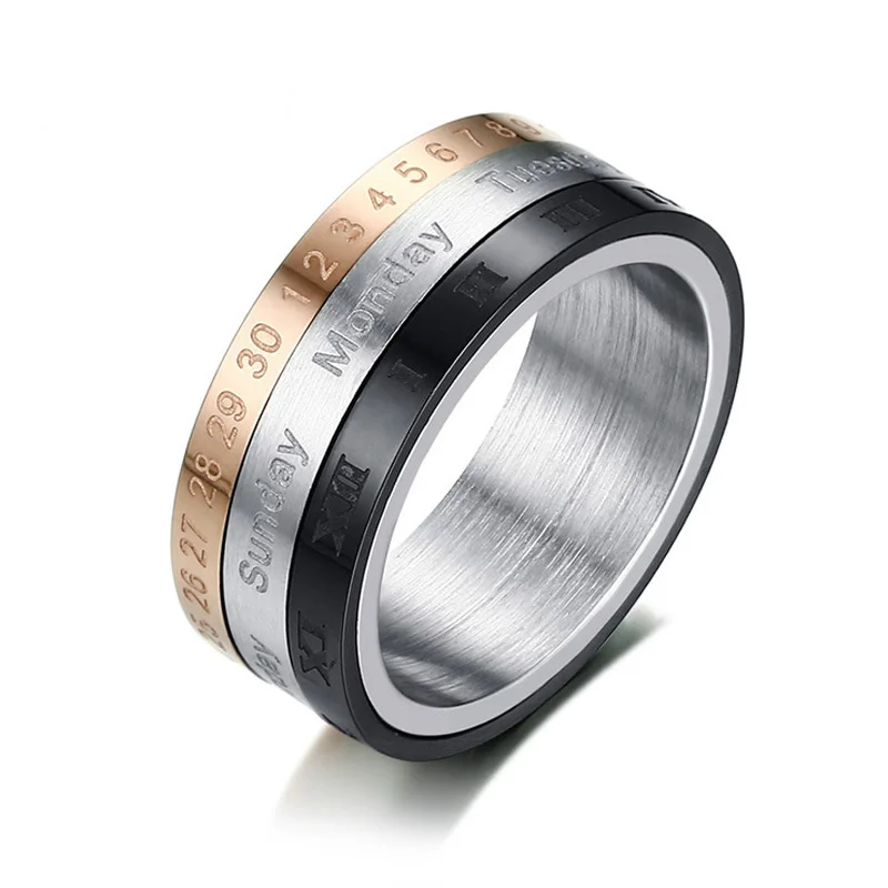Stainless Steel Men Rings Tricolor Date Week Time Rome Number Spinner for Male Boyfriend Jewelry Creativity Gift Wholesale
Stainless Steel Men Rings Tricolor Date Week Time Rome Number Spinner for Male Boyfriend Jewelry Creativity Gift Wholesale
