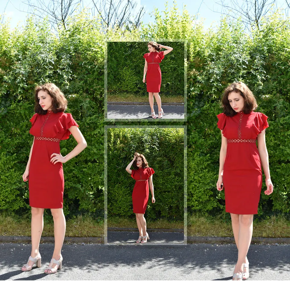 red Short Ruffle Sleeve Bodycon High Waist Dress  