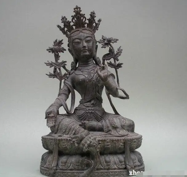 15"Tibet Buddhism Absolute Pure Bronze Green TaRa Kwan-yin Bodhisattva Statue