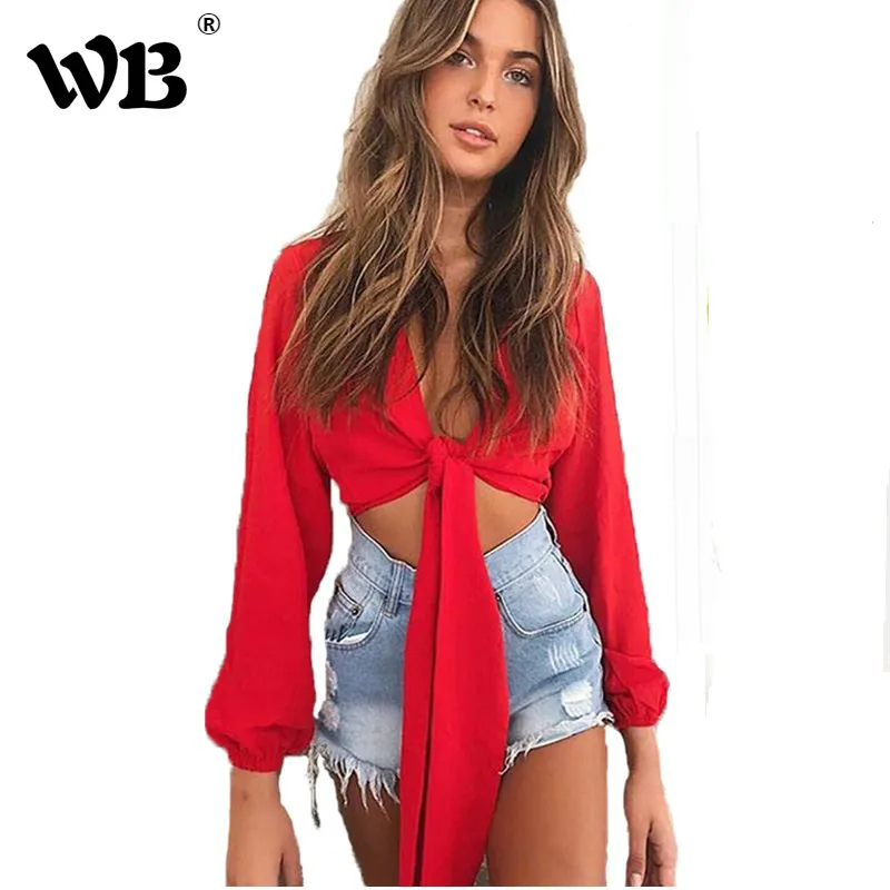 Sexy V Neck Wrap Sheath Exposed Navel Short Top Bow Tie Spring Shirts Chiffon Women Blouses 2018 Backless Red White Crop Tops
Sexy V Neck Wrap Sheath Exposed Navel Short Top Bow Tie Spring Shirts Chiffon Women Blouses 2018 Backless Red White Crop Tops