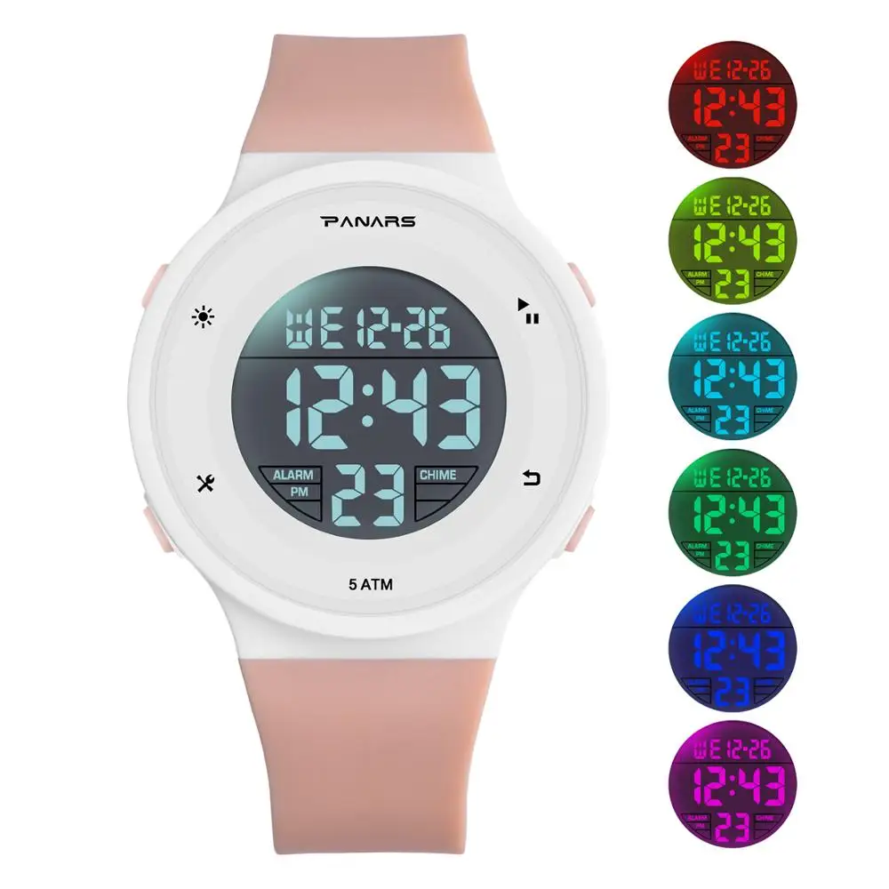 PANARS модные детские цифровые часы LED 6 цветов водонепроницаемые Будильник