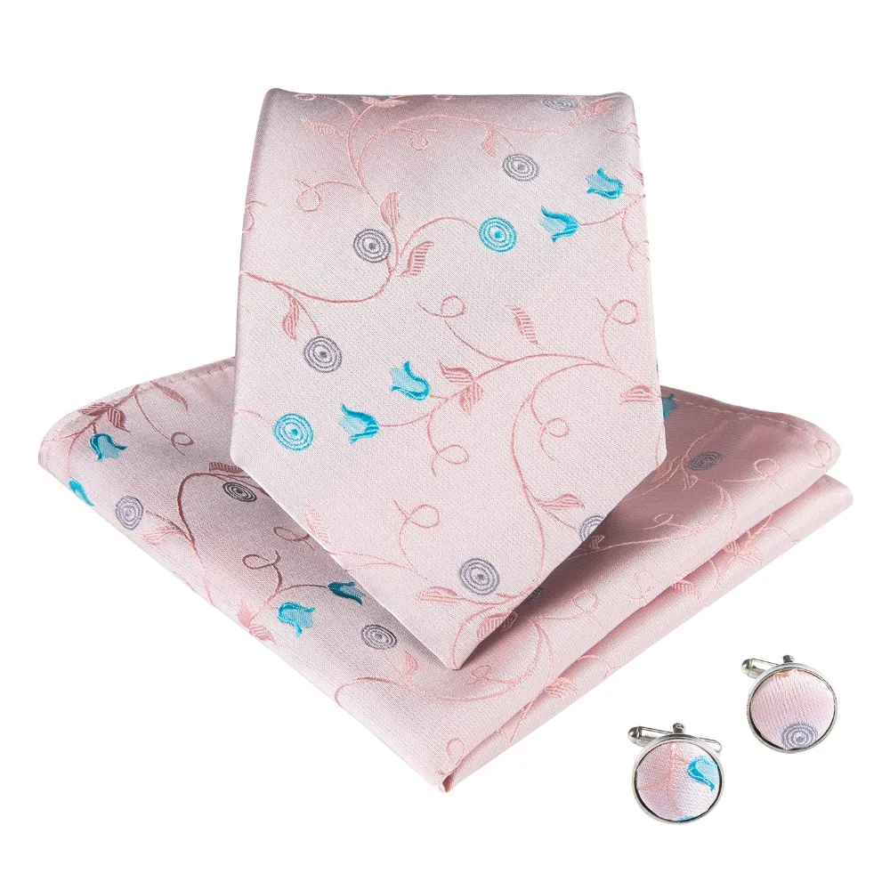 

DiBanGu 2019 Fashion Pink Blue Floral Tie for Men 100% Silk Necktie Hanky Cufflinks Suit Business Wedding Party Tie Set SJT-7010