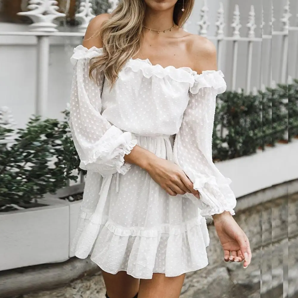 Dress Womens vestidos Off Shoulder Pure Color Long Sleeves Ruffles Wave Point Mini Dress blusas mujer de moda
Dress Womens vestidos Off Shoulder Pure Color Long Sleeves Ruffles Wave Point Mini Dress blusas mujer de moda