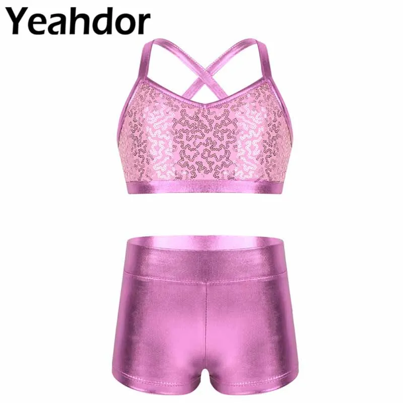 Kids Girls Ballet Dance Wear Spaghetti Shoulder Straps Shiny Sequins Criss Cross Back V-neck Outfit Crop Top with Bottoms Set
Kids Girls Ballet Dance Wear Spaghetti Shoulder Straps Shiny Sequins Criss Cross Back V-neck Outfit Crop Top with Bottoms Set