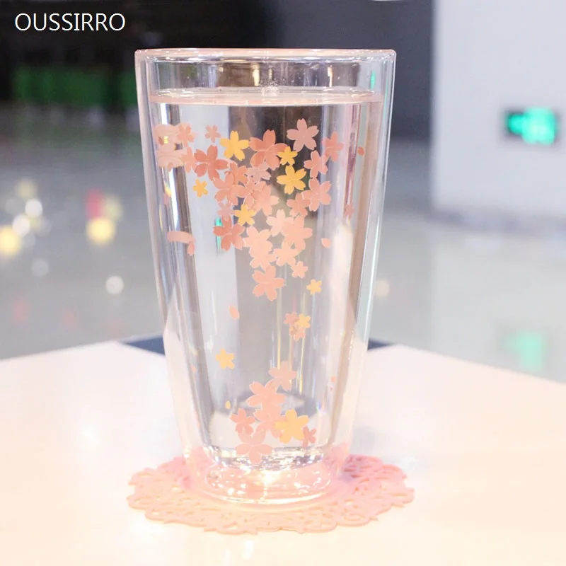 

OUSSIRRO Creative Pink Sakura 2 Layers Heat Resistant Glass Mug With Lid Spoon Milk Coffee Cup Couples Wedding Lover Nice Gifts