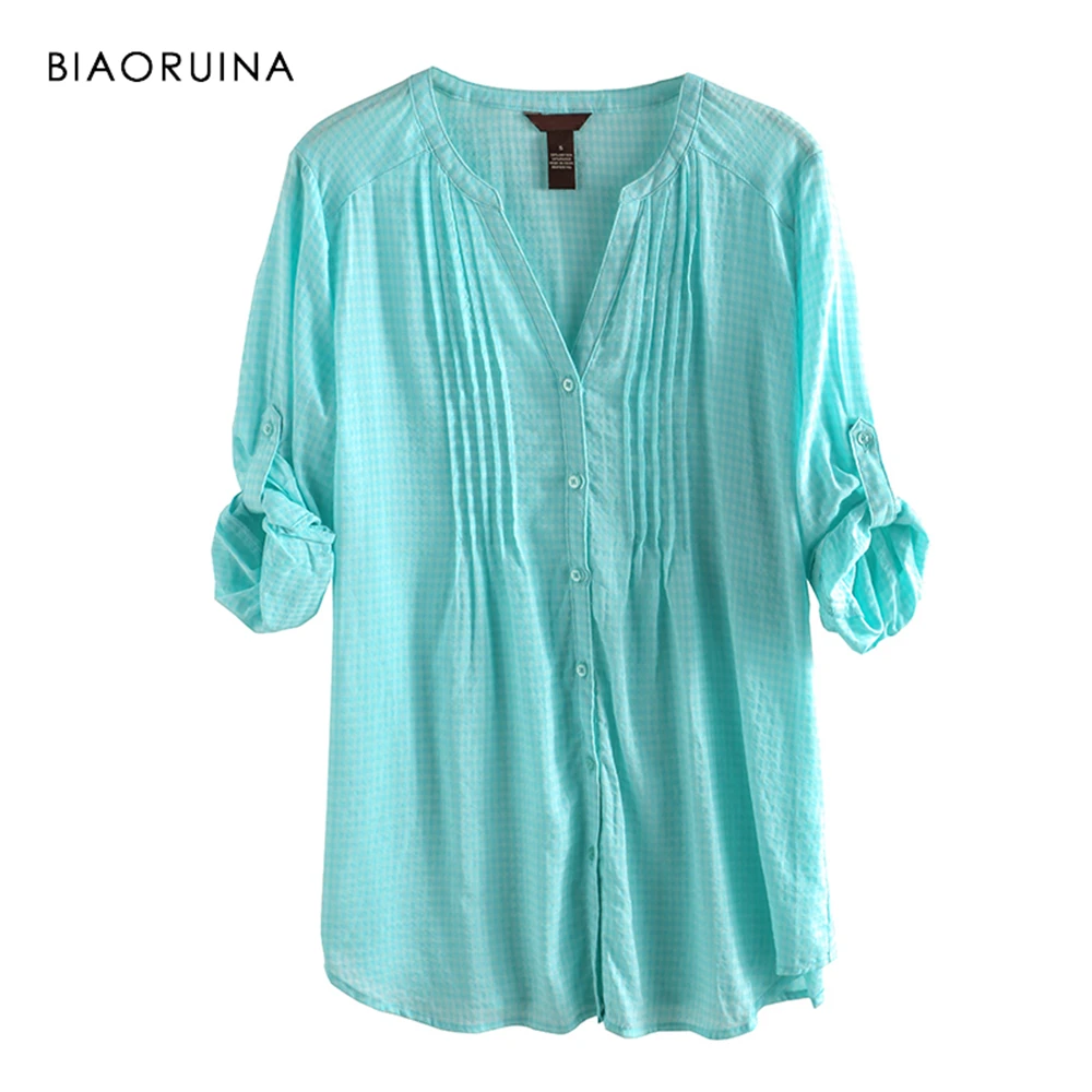 BIAORUINA Women Oversized All-match V-neck Plaid T-shirt Three Quarter Sleeve Female Loose Single Breasted Long Tops Plus Size
BIAORUINA Women Oversized All-match V-neck Plaid T-shirt Three Quarter Sleeve Female Loose Single Breasted Long Tops Plus Size