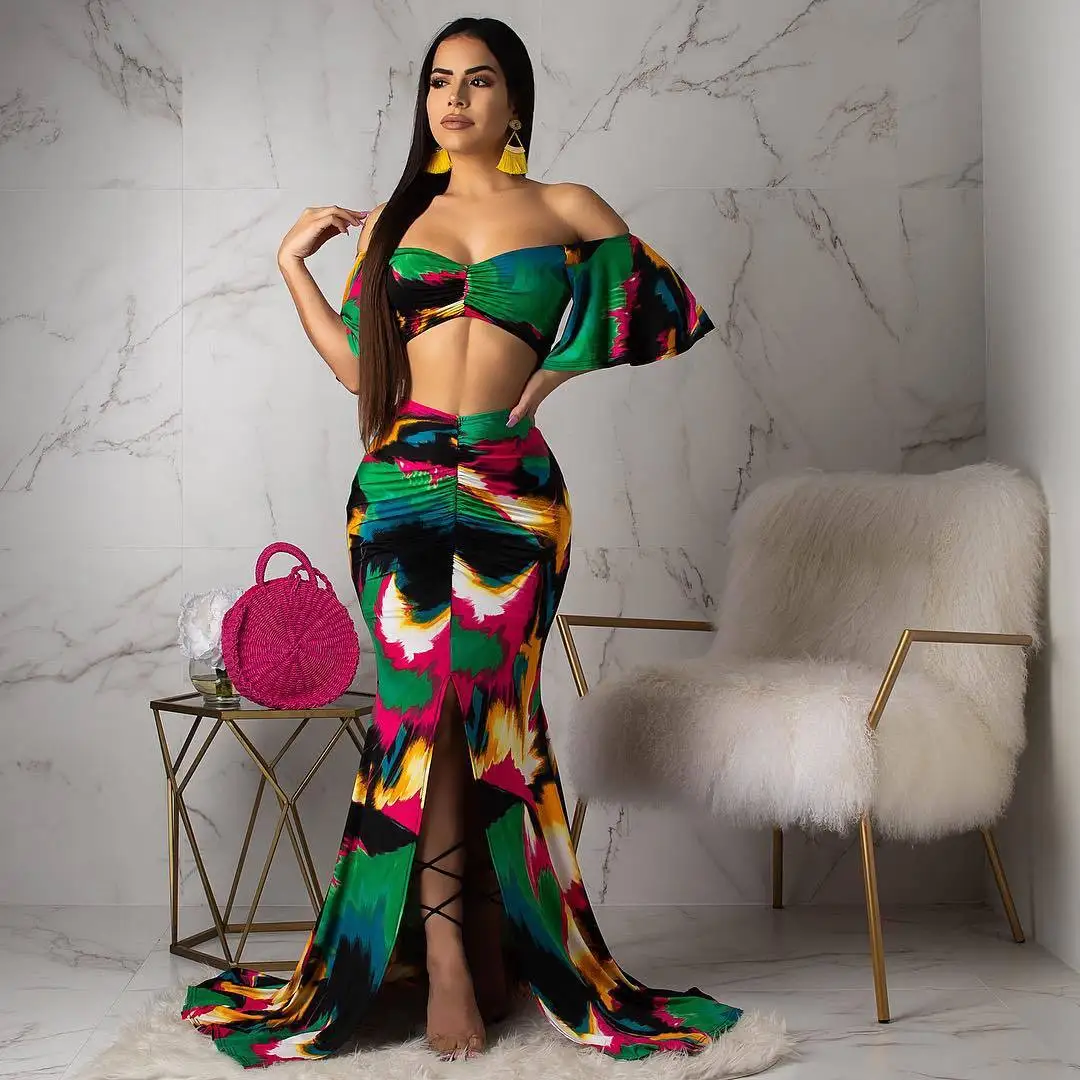 Women floral paisley tracksuit off shoulder plunging v-nek mermaid word length long skirts suit dress two piece outfit CY1121 
Women floral paisley tracksuit off shoulder plunging v-nek mermaid word length long skirts suit dress two piece outfit CY1121