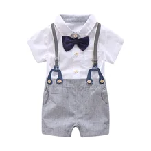 Bebê recém-nascido Menino Verão Roupas Formais Conjunto Arco de Casamento Aniversário Dos Meninos Camisa Criança Roupa Cavalheiro Terno Geral Romper Branco(China)