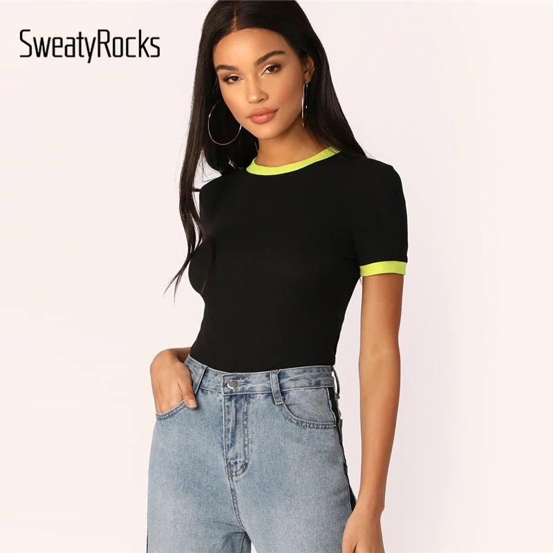 

SweatyRocks Neon Yellow Ringer Neck And Cuff Tee Women Short Sleeve Stretchy Top Streetwear Clothing 2019 Summer Black T-shirt